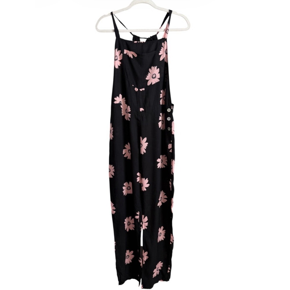 Wildfox Swim Daisy Overall Jumpsuit Black Pink Floral Wide Leg Sample Coverup S